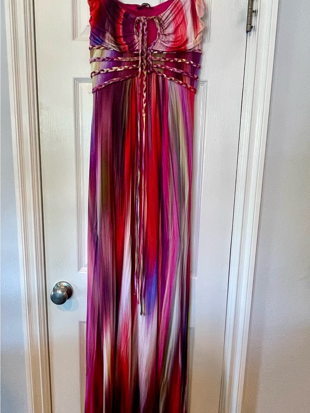 Sky Pink and Multicolor Striped Maxi Dress with Braided Accents